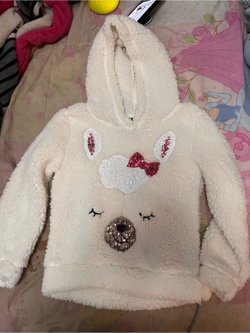 Miss Chievous Cream Plush Hooded Sweatshirt with Sequin Bear Face